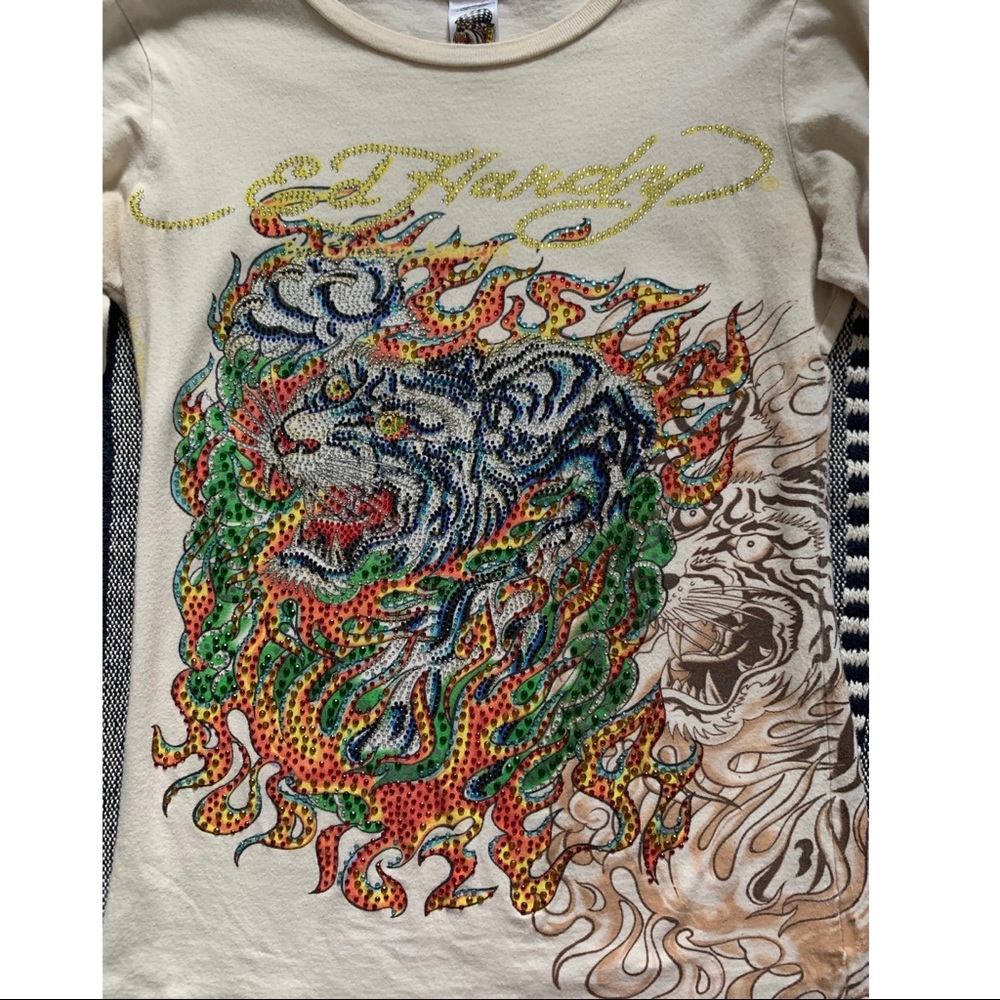 Ed Hardy Rhinestone Bedazzled Tiger Long-Sleeved Top